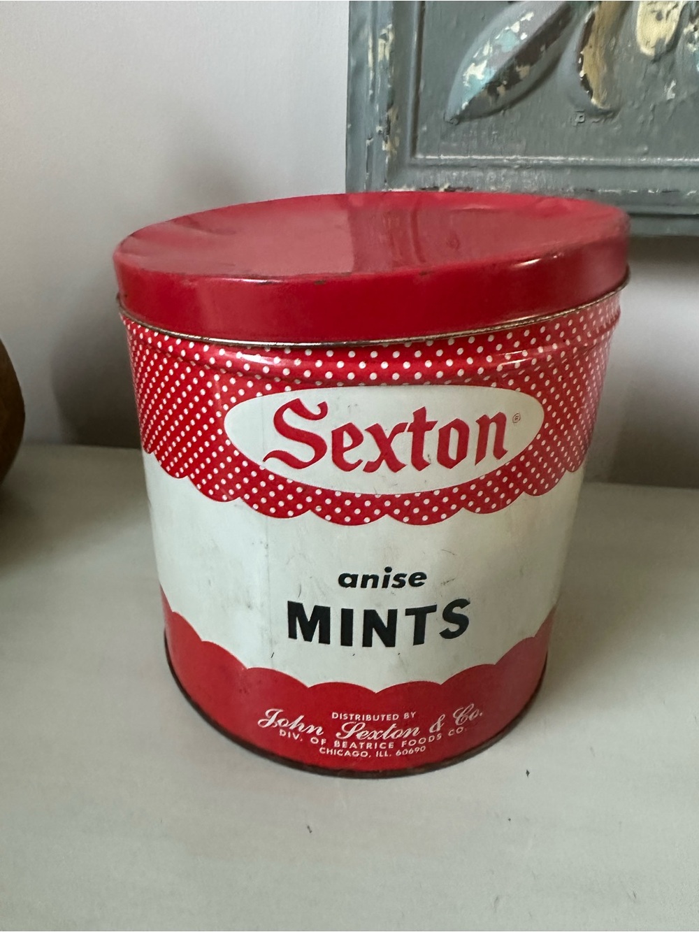 Vintage sexton mints red white polka dot tin